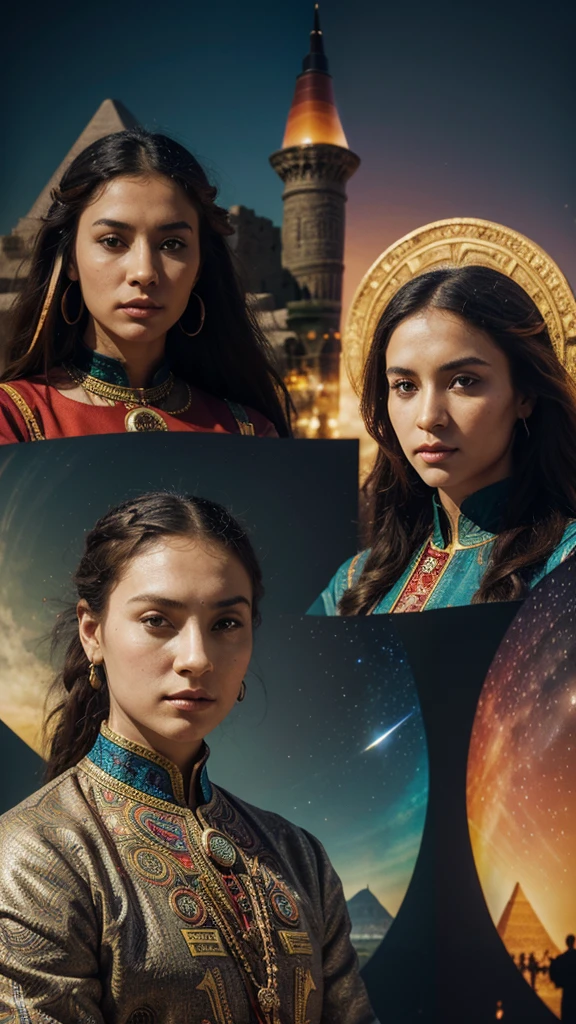 "Create an image that represents important milestones in human history, using vibrant colors and abstract patterns. The image must include historical figures, significant monuments and events, like the pyramids of Egypt, The great Wall of China, the Renaissance, the Industrial Revolution and space exploration. Each element must be stylized with geometric shapes and psychedelic patterns, highlighting its unique features. Use a palette of intense and varied colors, like red, Blue, greens, yellows and purples, to create a surreal and captivating atmosphere. The composition must be harmonious and detailed, with each historical figure and monument displaying complex patterns and vibrant colors. The image should convey a sense of mystery and wonder, capturing the grandeur and diversity of human history through a unique and impactful visual style." should not include people