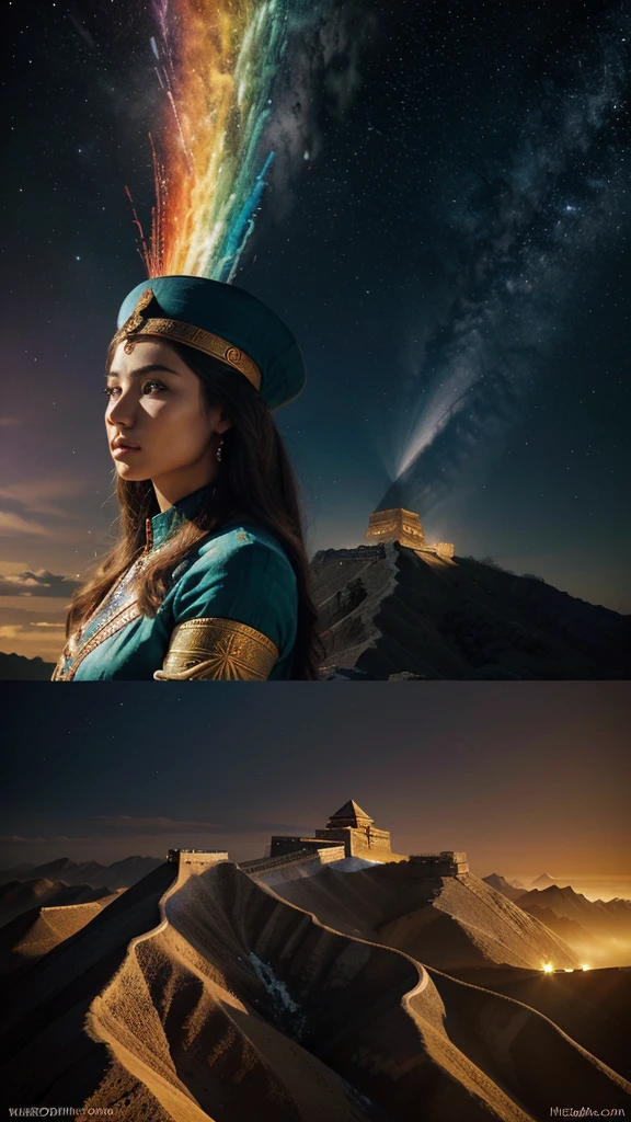 "Create an image that represents important milestones in human history, using vibrant colors and abstract patterns. The image must include historical figures, significant monuments and events, like the pyramids of Egypt, The great Wall of China, the Renaissance, the Industrial Revolution and space exploration. Each element must be stylized with geometric shapes and psychedelic patterns, highlighting its unique features. Use a palette of intense and varied colors, like red, Blue, greens, yellows and purples, to create a surreal and captivating atmosphere. The composition must be harmonious and detailed, with each historical figure and monument displaying complex patterns and vibrant colors. The image should convey a sense of mystery and wonder, capturing the grandeur and diversity of human history through a unique and impactful visual style." should not include people