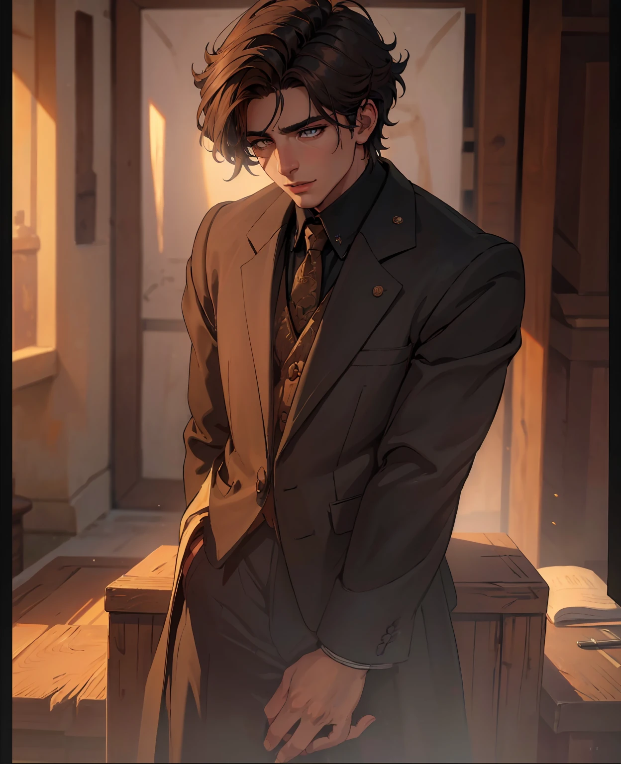 A handsome young man, beautiful detailed eyes, beautiful detailed lips, extremely detailed eyes and face, longeyeslashes, close-up portrait, cinematic lighting, dramatic shadows, chiaroscuro effect, moody atmosphere, warm color palette, oil painting style, photorealistic, high quality, 8k