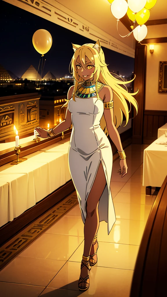 (1girl ,solo,20s,mature female),blonde hair,long hair,cat ears,yellow eyes,(((dark skin))),(Egypt party in a house,night,birthday),white elegant dress,looking at view,smile,balloons,walking