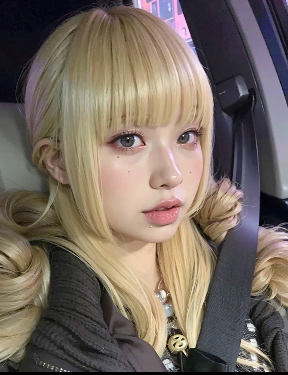blond girl with long hair and a furry coat in a car, the hime cut, shikamimi, lalisa manobal, white hime cut hairstyle, misa amane *, belle delphine, chiho, white bangs, anime girl in real life, misa amane, lalisa manoban of blackpink, with full bangs, kemonomimi