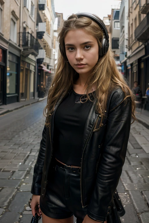 A european girl, ******, leather clothes, blonde wavy hair, (medium quality, 1080 megapixels, medium resolution, half resolution:1.2), (professional, realist, fotorrealist:1.37), in the street,(seductive), (with headphones on)