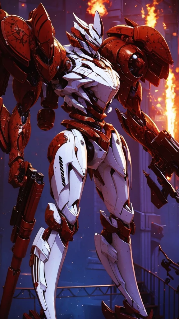 work of art, best qualityer:1.7)Mech with inverted trapeze body. triangular head, with black electronic details. (Pintura rusty white:1.7). Carrying two grenade launchers in his hands as his main weapon and carrying two submachine guns on his legs as secondary weapons. Extremely detaild, 4k uhd, HDR, naturallight, cinematic lighting, masterpiece-anatomy-perfect, ultra HD, Space Combat, Battlefield, RAW photo, metallic, ultra-fine painting, perfect body proportions, anatomically correct, real texture material, Anti-Aliasing, TXAA, SSAO, Post Processing, Post Production, Tone Mapping, CGI, VFX, SFX, hyper maximalist, ultra photorealultra-detailed intricate details.