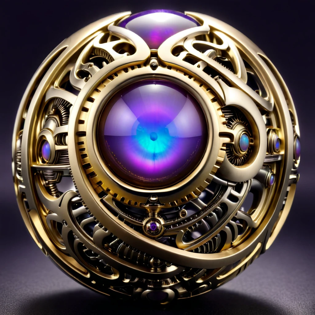 a gold and opal mechanical orb, giger style, silvercarvingcd_xl , purple heart aura,