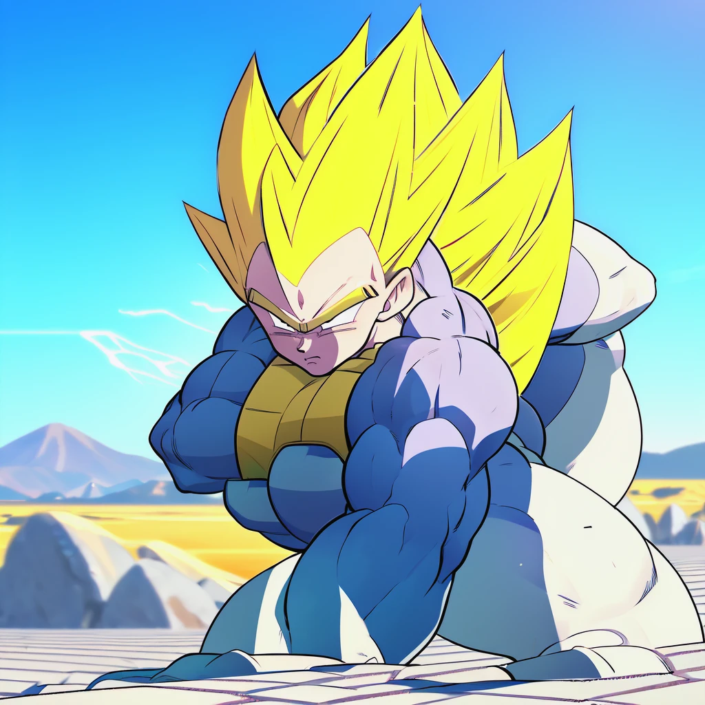 1boy, vegetass2, bodysuit, blue bodysuit, looking at viewer, blonde hair, gloves, green eyes, male focus, white gloves, armor, muscular, spiked hair, shirtless, from Dragon Ball Z, straddle stance, (huge muscles:1.6), full body, yellow aura, electricity, Dragon Ball Z artstyle, in the style of Akira Toriyama, white tiled floor, outdoors, flat-top mountains, Extreme Wide shot, Low Angle Shot, , masterpiece, best quality, very aesthetic, absurdres