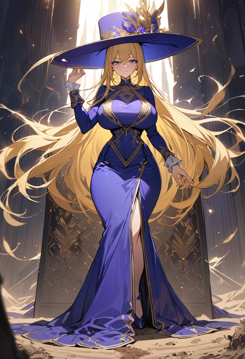 (( straight face picture )) ((best quality)), ((Masterpiece)), (details), Young woman , yellow hair , Dirt. , blue eyes ,Blue purple set, Gold pattern, wearing a big brimmed hat , Magician , The dress is very beautiful. ,long dress ,big breasts ,Big butt ,Facing straight