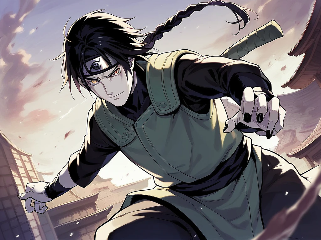 1boy, braided black hair, male kimono, earthy tones, yellow eyes, slit pupils, purple eyeliner, pale skin, forehead protector, konohagakure symbol, anbu vest, ninja, black nails, battle stance, day, outdoors, solo, village, hotel building in the background, score_9, score_8_up, score_7_up