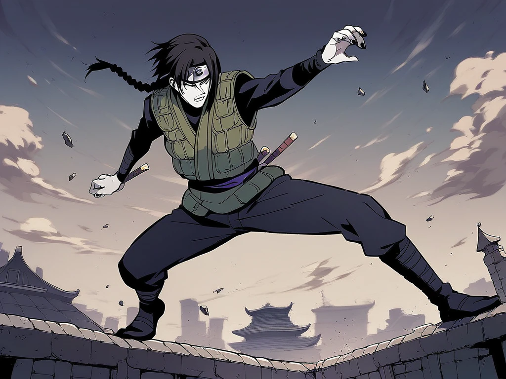 1boy, braided black hair, male kimono, earthy tones, yellow eyes, slit pupils, purple eyeliner, pale skin, forehead protector, konohagakure symbol, anbu vest, ninja, black nails, battle stance, day, outdoors, solo, village, hotel building in the background, score_9, score_8_up, score_7_up