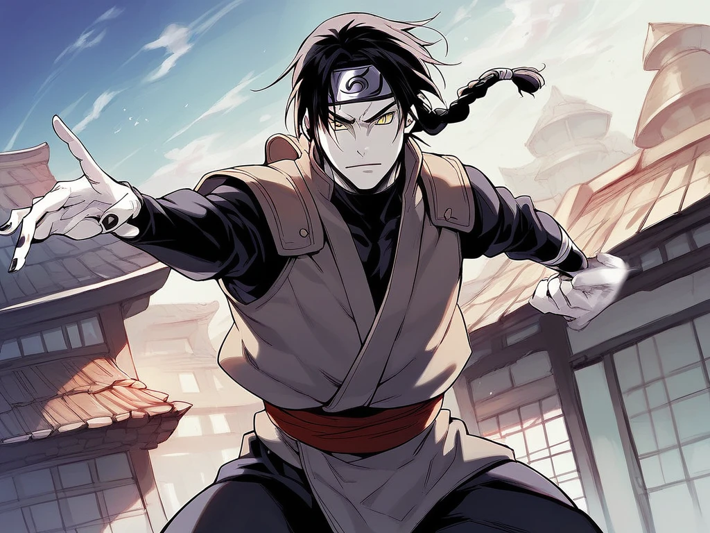 1boy, braided black hair, male kimono, earthy tones, yellow eyes, slit pupils, purple eyeliner, pale skin, forehead protector, konohagakure symbol, anbu vest, ninja, black nails, battle stance, day, outdoors, solo, village, hotel building in the background, score_9, score_8_up, score_7_up