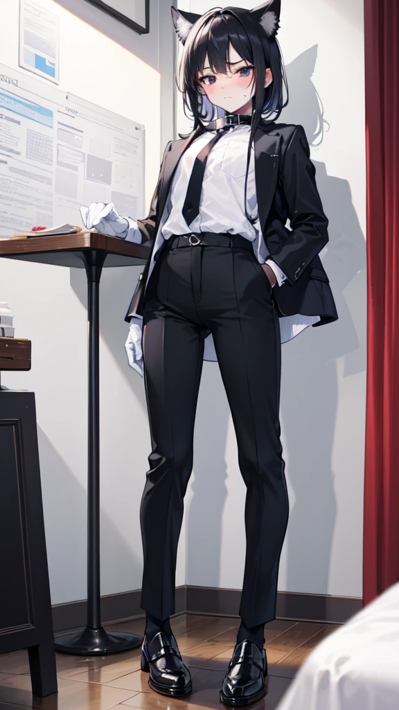 A 18-year-old boy, white and tender skin, cute, wearing white long-sleeved shirt, black jacket and black work tie, black trousers, black booties, white gloves, collar, black hair,wear cat ears, black eyes, thin waist, thin legs, handsome, disdainful and indifferent expression, shy, blush a lot, afraid, sweating, tired, pornography, Pornographic action，nsfw