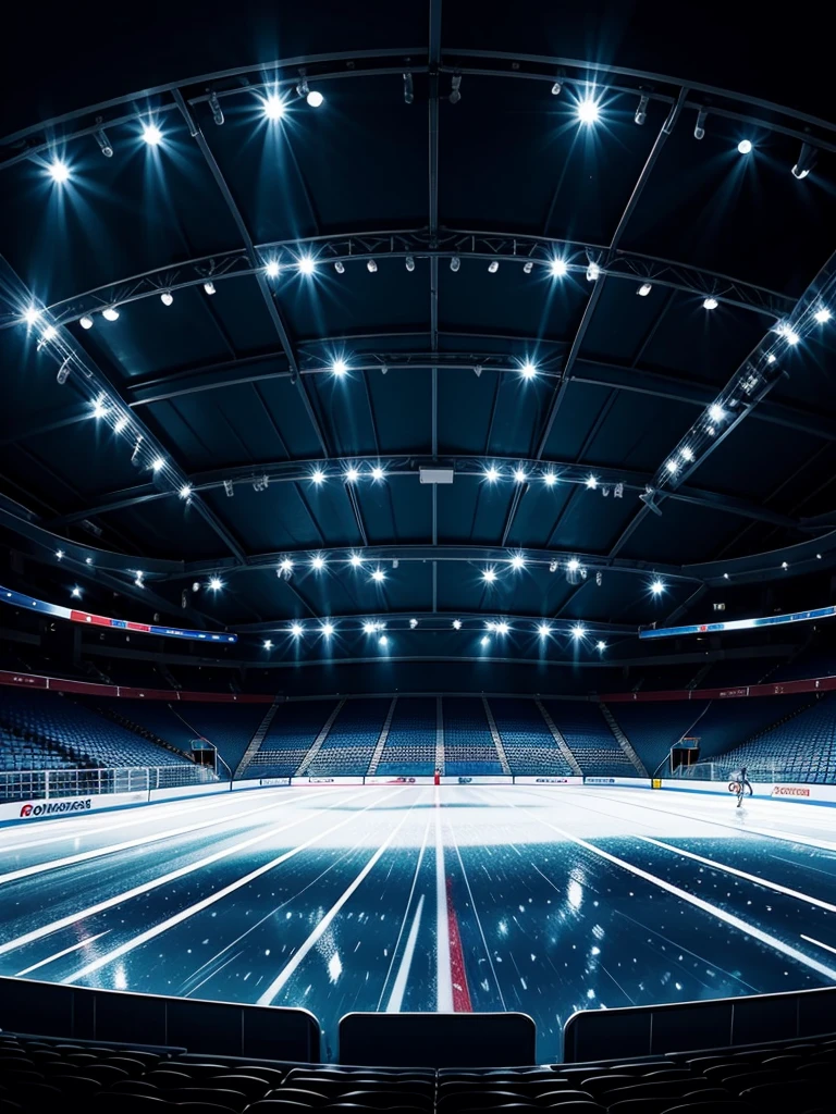 Draw an illustration of an empty ice skating stadium. The spotlights are working. Dark atmosphere. illustration. Drawing. art. image. picture.