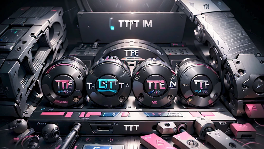 (DTG: 1.8), (DTG letters: 1.8), (Three letters: 1.8), DJ set, Music, cassette, CD Player, Futuristic device for music playing, Music reproducer, Lo-fi, writing, abstract, colorful, high resolution, high quality, neon colors, dark grey background, black grey grdient