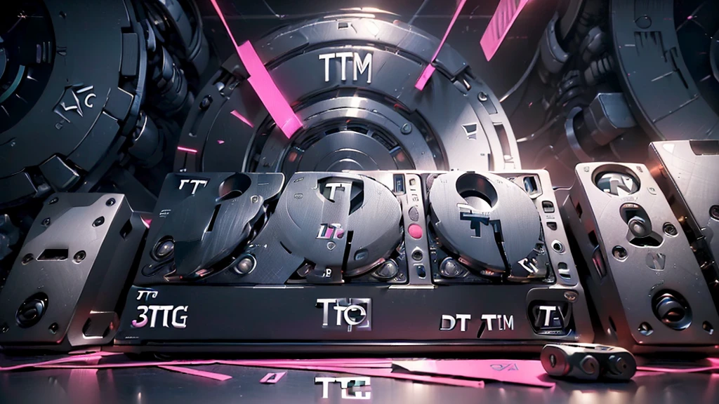 (DTG: 1.8), (DTG letters: 1.8), (Three letters: 1.8), DJ set, Music, cassette, CD Player, Futuristic device for music playing, Music reproducer, Lo-fi, writing, abstract, colorful, high resolution, high quality, neon colors, dark grey background, black grey grdient