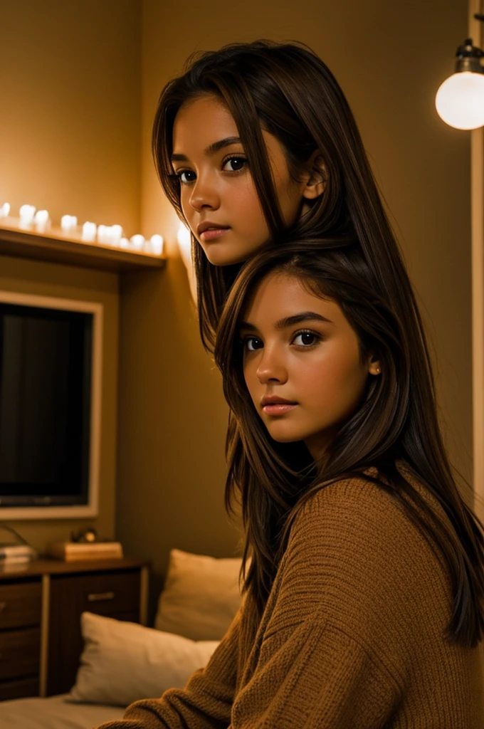 Girl with brown hair and brown eyes inside room at night
