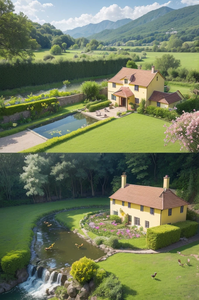 little yellow country house, with an orchard of fruit trees on the left side, and in the background a small stream with waterfalls and ducks swimming, vegetable plantations on the banks of the stream, in front of the house a garden of pink roses and yellow, a dog, chickens, flowers, and on the roof a chimney releasing smoke,