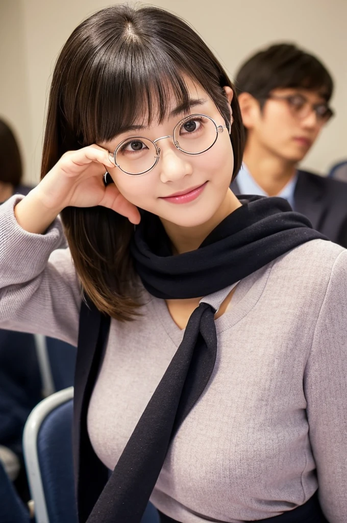 Small、University lecture hall, university psychology associate professor, ((full body)), ((photo)), ((best qualtiy, 8K, tmasterpiece:1.3)), Focus:1.2, perfect figure beautiful woman:1.41woman, cowboy shot, look at viewer, eyes facing the camera, incredibly absurd, beautiful and cute woman with a photorealistic face, showcasing top-quality craftsmanship, A Japanese woman giving a lecture at a university lecture hall, 27 years old, with a bob cut and flipped hair, short bangs swept at an angle, smooth and shiny hair, natural hairline, fair and smooth skin, plump and healthy cheeks, large, jet black eyes, round eyes, long and upward-facing eyelashes, double eyelids, thin and straight eyebrows, small and round nose, plump lips, upturned corners of the mouth, charming smile, cute face, glamorous, well-balanced proportions, tall, beautiful D-cup breasts, silver-rimmed glasses, pink blouse, black tight skirt, fashion with a waist-marked silhouette, scarf, heeled shoes, vanilla perfume, beautiful, pretty older woman, glasses suit her, knowledgeable, playful, curious, smart, elegant, November