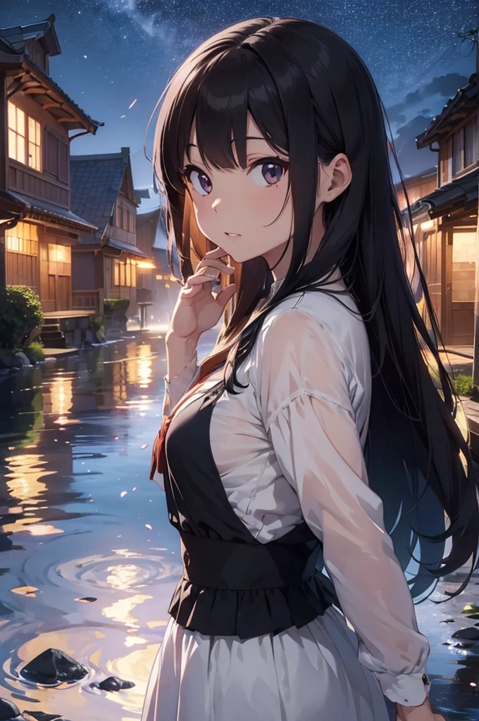 beautiful lips, cinematic, (work of art), (best qualityer), (ultra detali), very aesthetic, illustration, perfect composition, intricate details, absurderes, face detailed, (アニメ, work of art, intricate:1.3), (best qualityer, hire textures, high détail:1.2), (4K),(incredibily detailed:1.4) 《work of art》, 《best qualityer》, 《ultra detali》, hot spring, mist, stones, Cherry blossoms, glittery mist, moonlights, sky, lots of stars in the sky, water reflections of the night sky, floating lanterns above the water, flower petals in water, moon in the sky, Estilo de arte アニメ, worldofmist,
