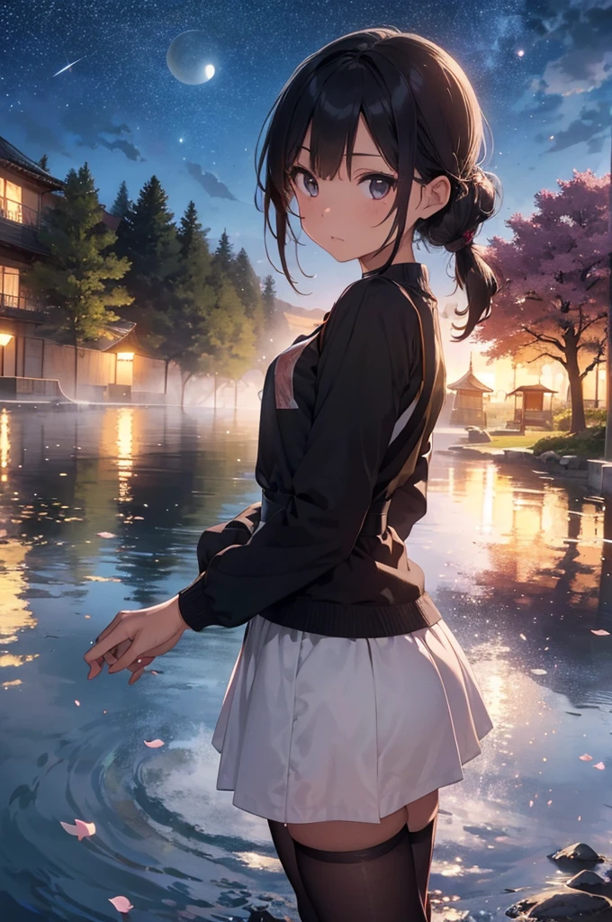 beautiful lips, cinematic, (work of art), (best qualityer), (ultra detali), very aesthetic, illustration, perfect composition, intricate details, absurderes, face detailed, (アニメ, work of art, intricate:1.3), (best qualityer, hire textures, high détail:1.2), (4K),(incredibily detailed:1.4) 《work of art》, 《best qualityer》, 《ultra detali》, hot spring, mist, stones, Cherry blossoms, glittery mist, moonlights, sky, lots of stars in the sky, water reflections of the night sky, floating lanterns above the water, flower petals in water, moon in the sky, Estilo de arte アニメ, worldofmist,