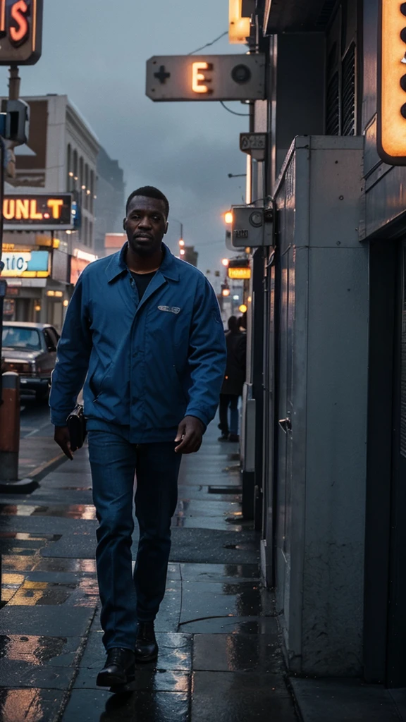 In 1980s San Francisco, Micheal, a single father, was struggling to make ends meet after his wife left him, 4k realistic imagery, blue scenery like a movie scene, old american setting, inspired by blade runner movie scene, blue tone,