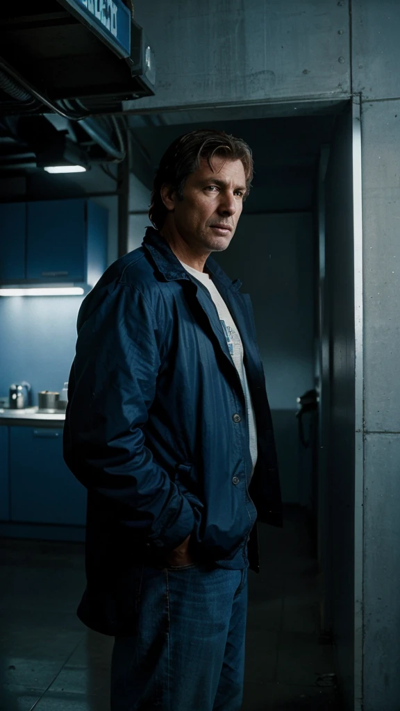 In 1980s San Francisco, Micheal, a single father, was struggling to make ends meet after his wife left him, 4k realistic imagery, blue scenery like a movie scene, old american setting, inspired by blade runner movie scene, blue tone,