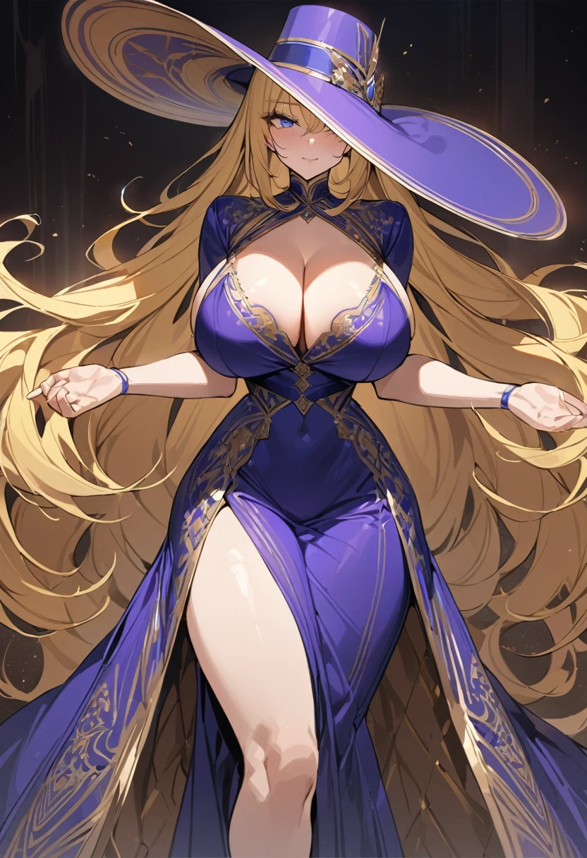 (( straight face picture )) ((best quality)), ((Masterpiece)), (details), Young woman , yellow hair , Dirt. , blue eyes ,Blue purple set, Gold pattern, wearing a big brimmed hat , Magician , The dress is very beautiful. ,long dress ,big breasts ,Big butt ,Facing straight