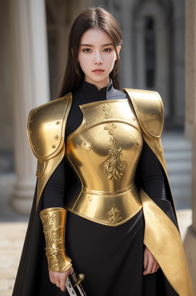 (best quality, masterpiece:1.3), 1 woman, 22 year old, Warrior, sword, armor, upper body, AnjelikaV2, royal, cape, regard détermné, parted lips, film grain, blurry foreground, gold armor, a lot of details, turtle designed armor