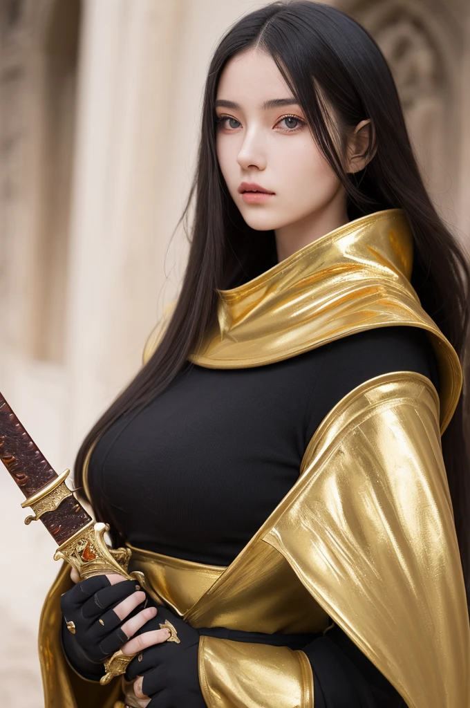 (best quality, masterpiece:1.3), 1 woman, 22 year old, Warrior, sword, armor, upper body, AnjelikaV2, royal, cape, regard détermné, parted lips, film grain, blurry foreground, gold armor, a lot of details, turtle designed armor