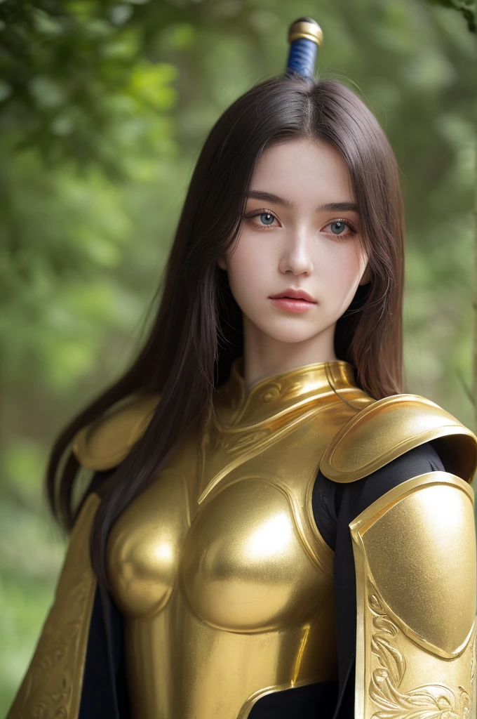 (best quality, masterpiece:1.3), 1 woman, 22 year old, Warrior, sword, armor, upper body, AnjelikaV2, royal, cape, regard détermné, parted lips, film grain, blurry foreground, gold armor, a lot of details, turtle designed armor