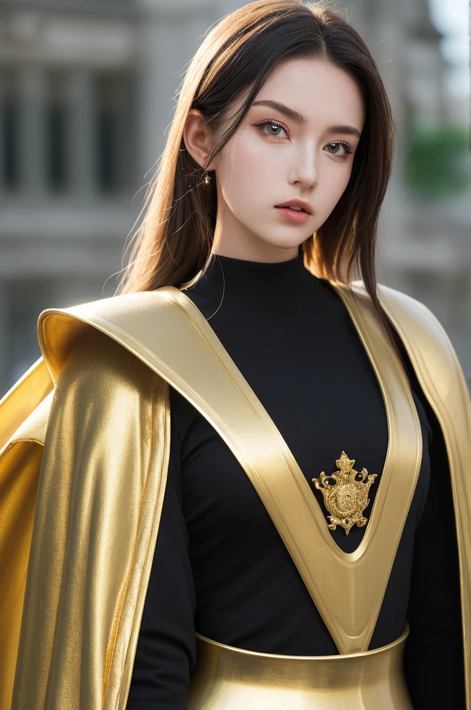 (best quality, masterpiece:1.3), 1 woman, 22 year old, Warrior, sword, armor, upper body, AnjelikaV2, royal, cape, regard détermné, parted lips, film grain, blurry foreground, gold armor, a lot of details, turtle designed armor