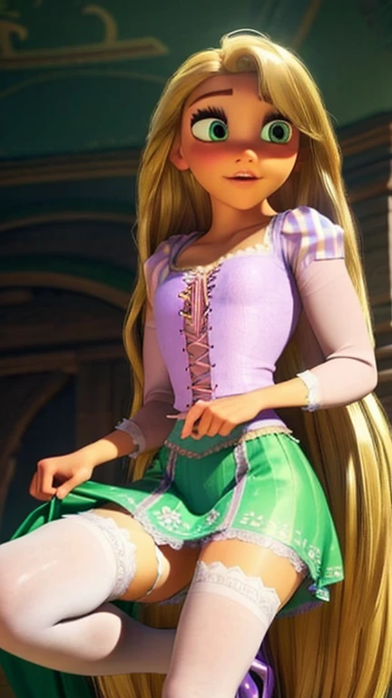 Rapunzel wearing a white tight caffarena and white thigh high socks. White heels. green pattern loose skirt. 