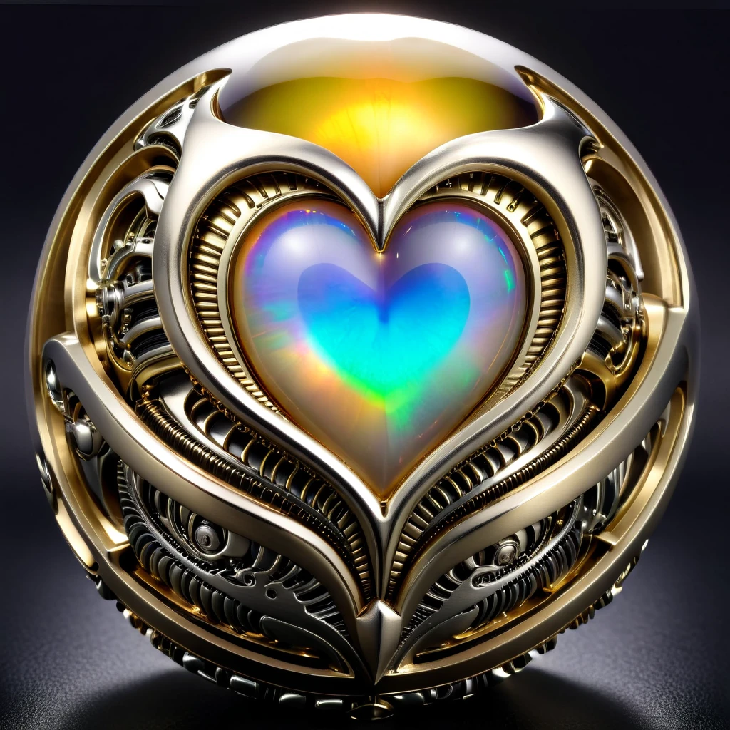 a gold and opal mechanical orb, giger style, silvercarvingcd_xl , rainbow heart aura,
