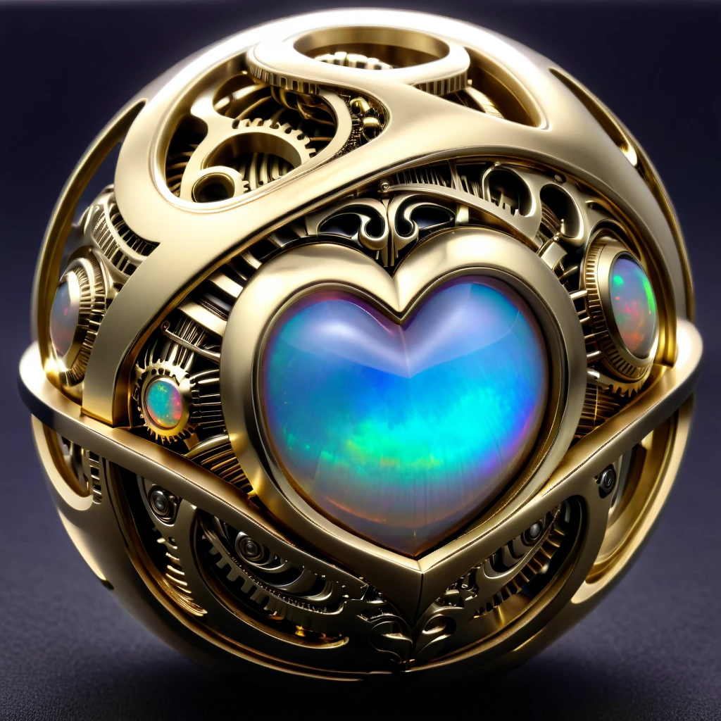 a gold and opal mechanical orb, giger style, silvercarvingcd_xl , rainbow heart aura,