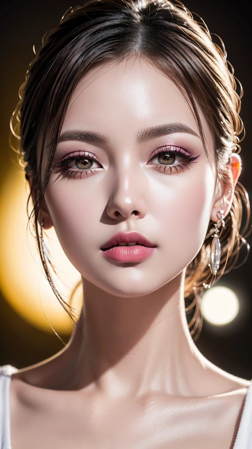 photorealistic Realism 16K Quality, (super quality details in realistic texture: skin, hair), ((Ultra high-res realistic perfect brown_eyes: 1.25, sharp focus, no blurred colors, absurd detail quality:1.3)), (Masterpiece, UHD,:1.2), (([eyes|eyeshadows]:[|pink]:1.35)), ((portrait)), a cute 1model:1.4 24yo, (depth of field), ((anatomically correct)), ((perfect proportions)), dslr, best high quality soft lighting, sharp focus captured by Fujifilm XT3, f 5.6, in a dramatic lighting, ((perfect composition)), ((pale skin)), (dry skin), ultra-detailed face, highly detailed lips ,dark brown hair, slender figure, upper body, Attention to detail, Double eyelids, ((finely detailed big round black pupils:1.2)), ((detailed symmetrical puffy lips:1.2) BREAK, pink_lipstick:1.3), (perfect dark_eyeshadows:1.25), (long eyeliner), with professional makeup, 