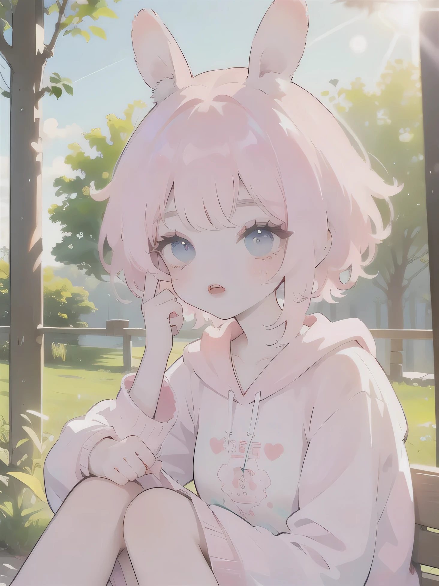 (high quality) (best quality) (a woman) (correct physiognomy) (perfect students) (perfect eyes) anime woman, deep pink long and fluffy hair pink, two rabbit ears coming out of her head, blue eyes, lips sensitive, feminine appearance, soft facial features, thin eyebrows, soft skin, rosy cheeks, pink lips, silky eyelashes, dreamy expression, middle age, youthful clothing, print sweatshirt, photo illuminated by sunlight, Woman sitting on forest.