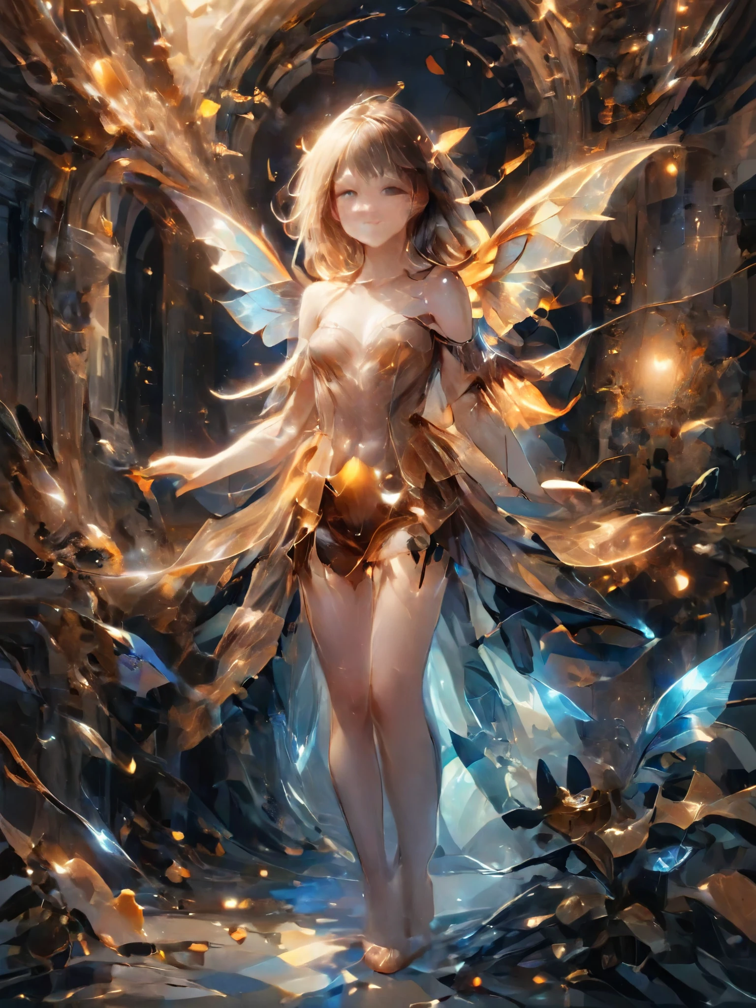 Faye, Full-length portrait of a girl,((Beautiful with bat wings))、A perfect smile、 In a secret hideout, The enchanting garden invites you, Delicate flowers that give off a magical feeling, Makes objects made of Lal Amber appear transparent, Intricate details, Abstract, Whimsical,