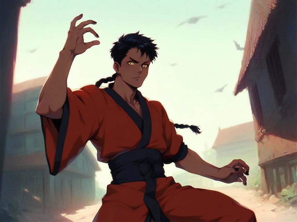 1boy, braided black hair, male kimono, earthy tones, yellow eyes, slit pupils, purple eyeliner, brown skin, ninja, black nails, battle stance, day, outdoors, solo, village, hotel building in the background, score_9, score_8_up, score_7_up