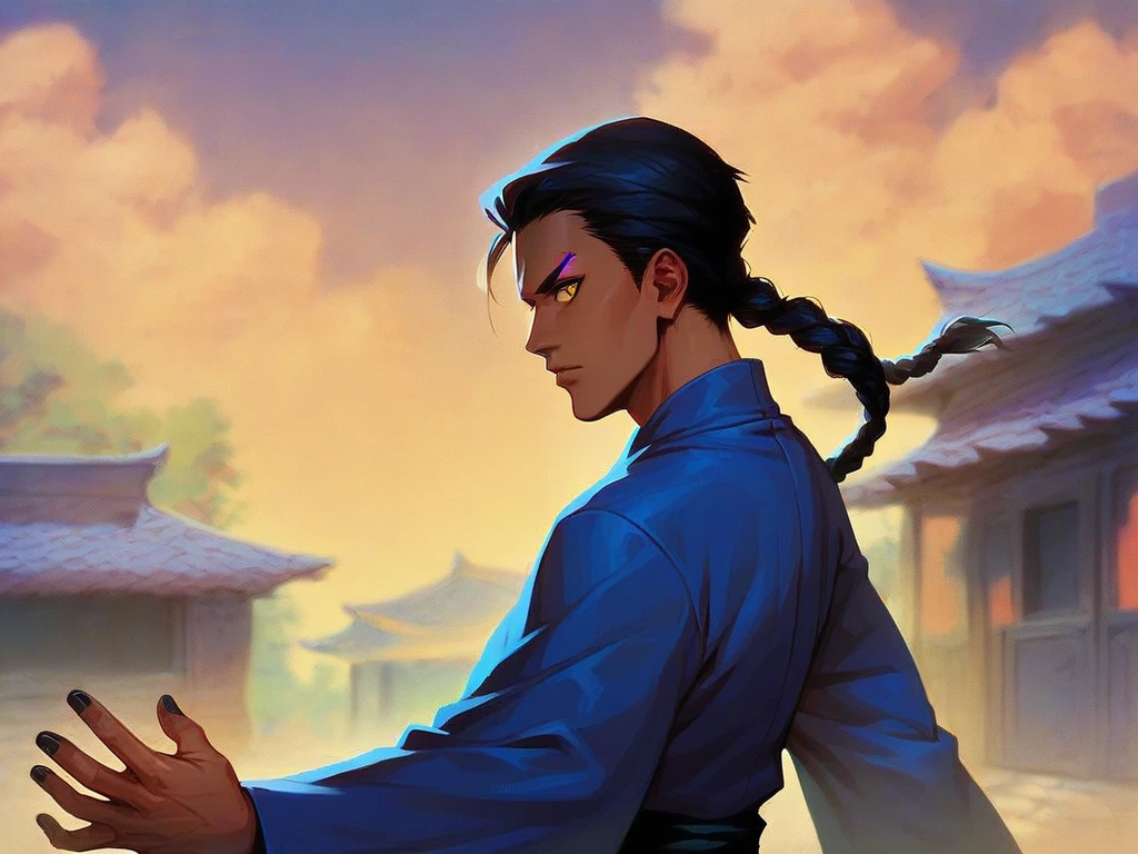 1boy, braided black hair, male kimono, earthy tones, yellow eyes, slit pupils, purple eyeliner, brown skin, ninja, black nails, battle stance, day, outdoors, solo, village, hotel building in the background, score_9, score_8_up, score_7_up