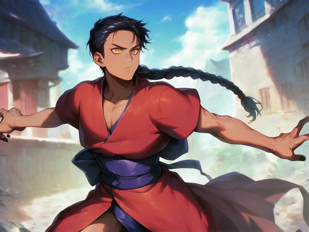 1boy, braided black hair, male kimono, earthy tones, yellow eyes, slit pupils, purple eyeliner, brown skin, ninja, black nails, battle stance, day, outdoors, solo, village, hotel building in the background, score_9, score_8_up, score_7_up