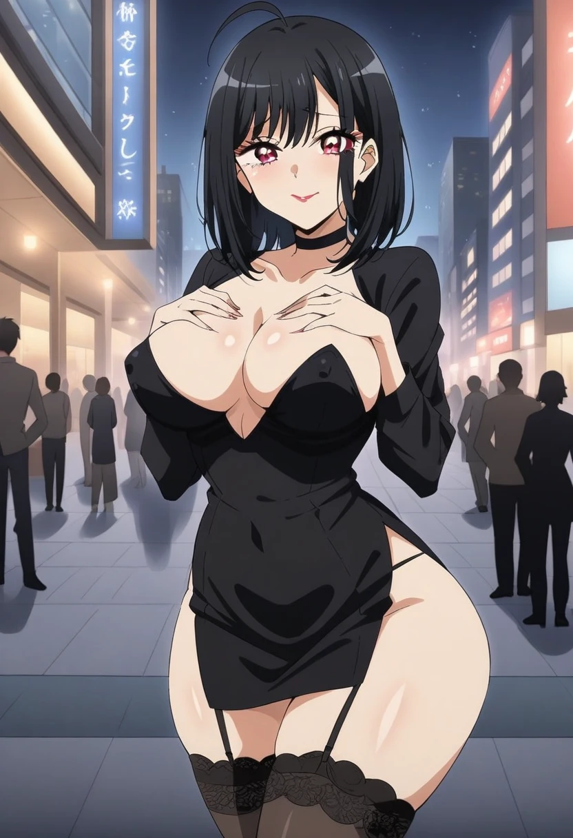 (anime art style:0.1), 2d, masterpiece, best quality, (very aesthetic:1.5), absurdres, dynamic shadows, atmosferic, (kitagawa marin), (1girl), ((black hair)), bob cut, medium hair, (red eyes), sparkle eyes, detailed eyes, eyelashes, ahoge, hair between eyes, bangs, medium breasts, cleavage, makeup, lipstick, (curvy body), big thighs, sexy, jewelry, strapless, long sleeves, fluffy dress, black dress, long dress, lace-trimmed thighhighs, garter straps, covered nipples, ((cowboy shot)), looking at viewer, standing, ((hands on own breasts)), ((cum)), (from front), plaza, city, seat, people