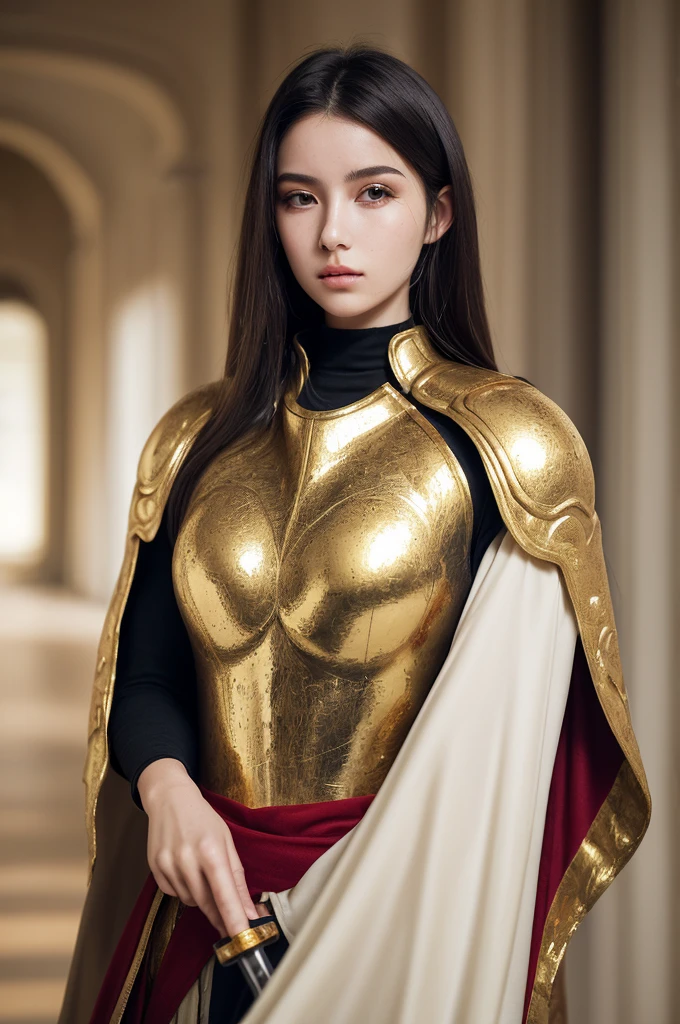 (best quality, masterpiece:1.3), 1 woman, 22 year old, Warrior, sword, armor, upper body, AnjelikaV2, royal, cape, regard détermné, parted lips, film grain, blurry foreground, gold armor, a lot of details, turtle designed armor