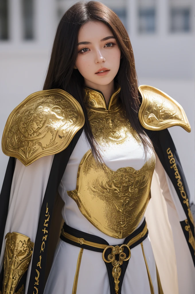 (best quality, masterpiece:1.3), 1 woman, 22 year old, Warrior, sword, armor, upper body,  AnjelikaV2, royal, cape, regard détermné, parted lips,  film grain, blurry foreground, gold armor, a lot of details, turtle designed armor