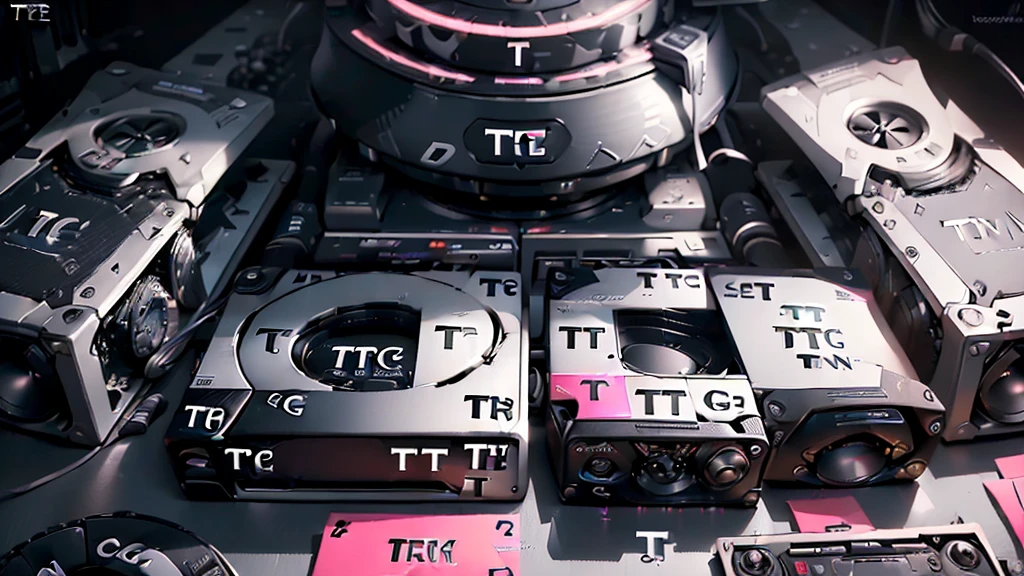(DTG: 1.8), (DTG letters: 1.8), (Three letters: 1.8), DJ set, Music, cassette, CD Player, Futuristic device for music playing, Music reproducer, Lo-fi, writing, abstract, colorful, high resolution, high quality, neon colors, dark grey background, black grey grdient