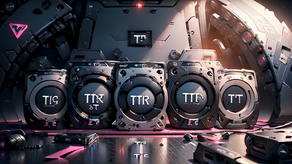 (DTG: 1.8), (DTG letters: 1.8), (Three letters: 1.8), DJ set, Music, cassette, CD Player, Futuristic device for music playing, Music reproducer, Lo-fi, writing, abstract, colorful, high resolution, high quality, neon colors, dark grey background, black grey grdient