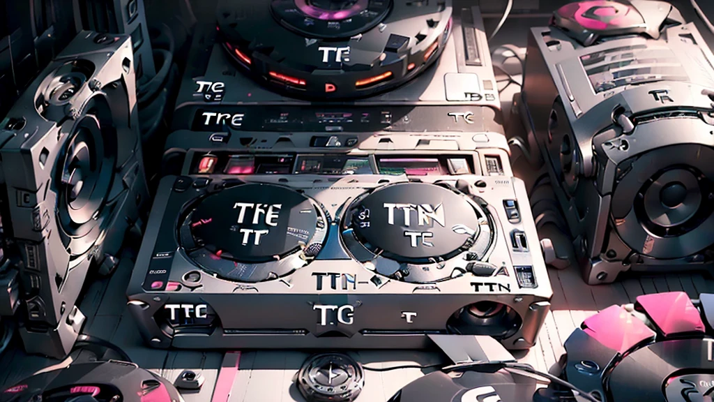 (DTG: 1.8), (DTG letters: 1.8), (Three letters: 1.8), DJ set, Music, cassette, CD Player, Futuristic device for music playing, Music reproducer, Lo-fi, writing, abstract, colorful, high resolution, high quality, neon colors, dark grey background, black grey grdient