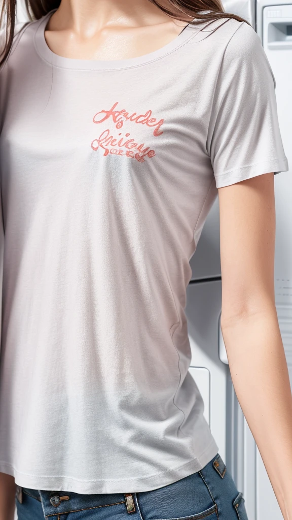 close up braless t-shirt with hard nipples, inside a walk-in freezer,
