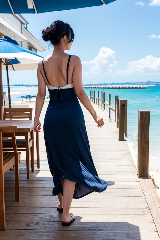 (High Definition), One women, Japan Person, Cute, Black hair long, Wearing Summer Dress White, exposing front zipper bra-top blue stripe, Walking on Board walk at Beach Side, looking side glance, show woman shape, from back view, a glass of drink on a table, Natural lighting