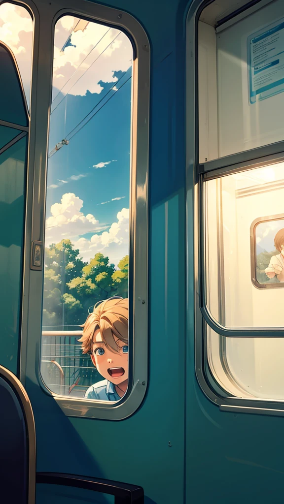 The boy inside the train looking out the window to the beautiful clouds and the trees, is screaming