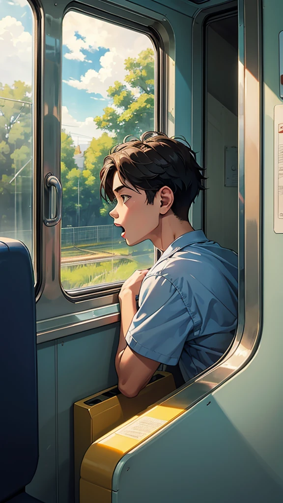The boy inside the train looking out the window to the beautiful clouds and the trees, is screaming