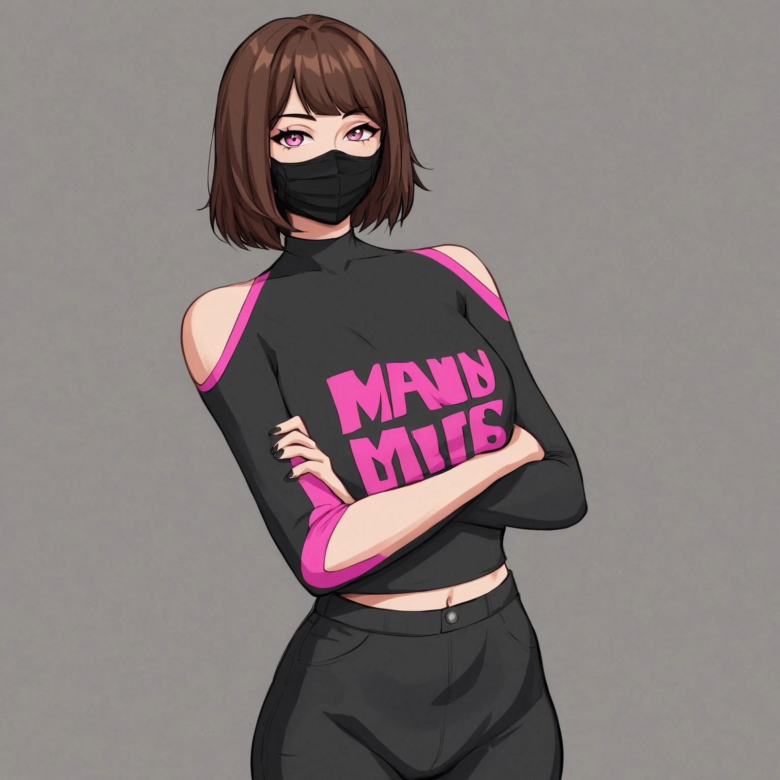 prompt = """
Create an artwork of a character with the following attributes:
- Hair: Short, messy brown hair with a distinct pink fringe.
- Eyes: Closed or semicerrados, giving a serene or introspective expression.
- Face: Partially covered by a black mask.
- Body Attributes: Slim figure, dressed in a tight-fitting black outfit that covers the entire body.
- Posture: Hands crossed in front of the body, suggesting introspection or timidity.
- Art Style: Smooth lines with solid colors, minimal details or shading.
"""