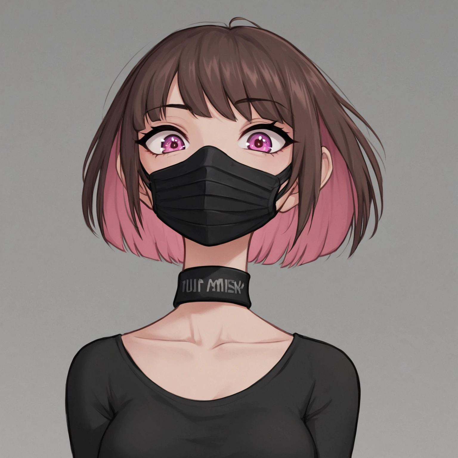 prompt = """
Create an artwork of a character with the following attributes:
- Hair: Short, messy brown hair with a distinct pink fringe.
- Eyes: Closed or semicerrados, giving a serene or introspective expression.
- Face: Partially covered by a black mask.
- Body Attributes: Slim figure, dressed in a tight-fitting black outfit that covers the entire body.
- Posture: Hands crossed in front of the body, suggesting introspection or timidity.
- Art Style: Smooth lines with solid colors, minimal details or shading.
"""